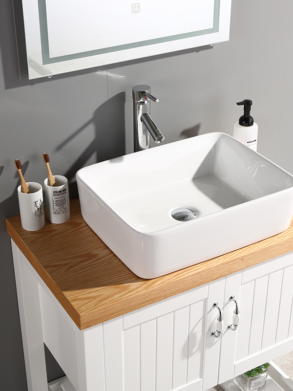 Ensemble de meuble de salle de bain au sol 80CM avec lavabo en céramique, dessus en bois